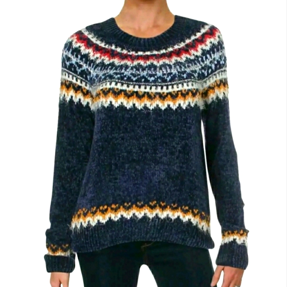 ❄ AQUA Women's Navy Fair Isle Chenille Sweat…
